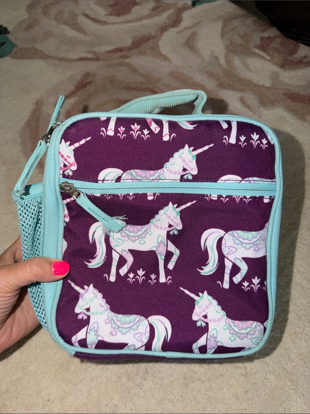 Pottery Barn Kids Purple Unicorn Lunch Tote with Mint Trim